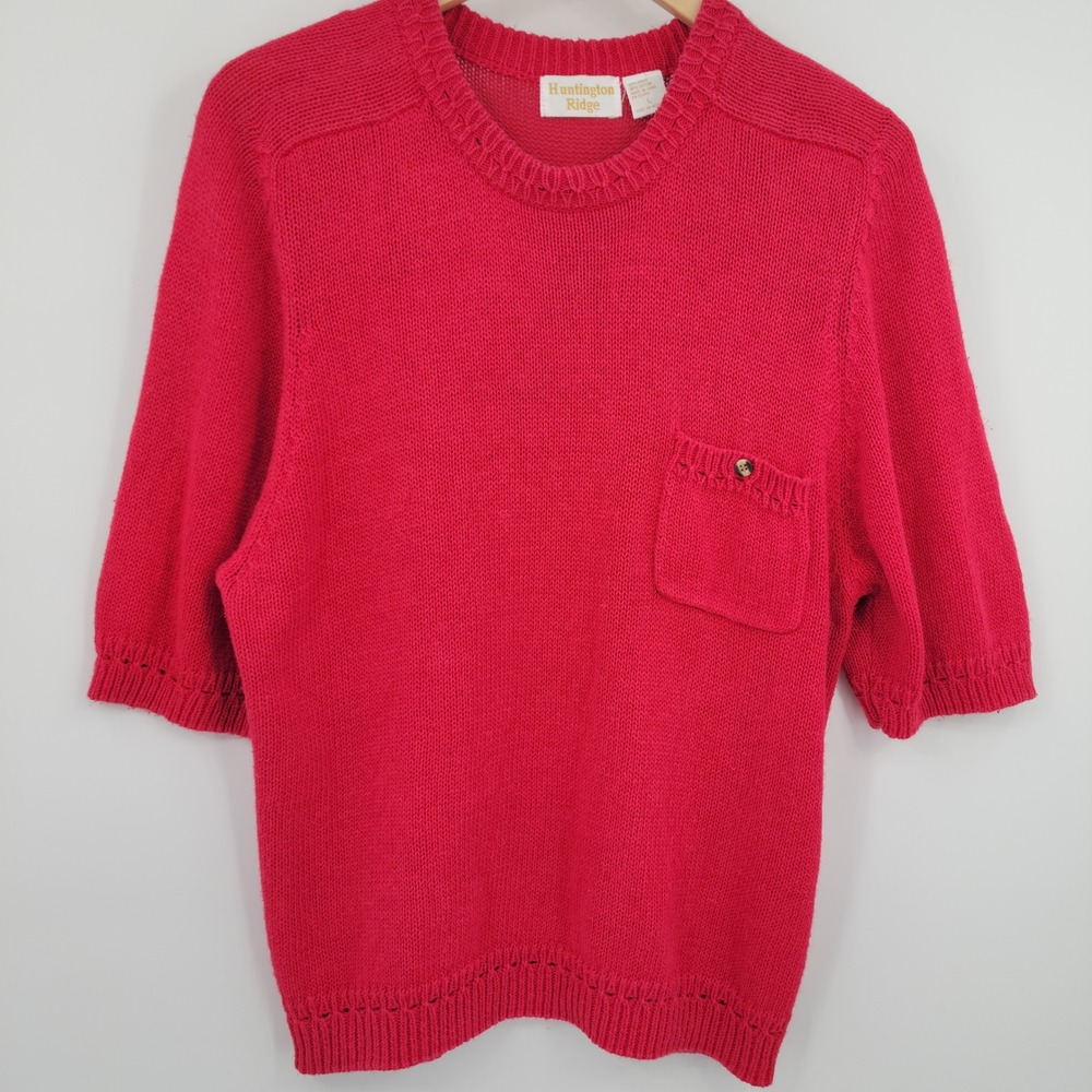 Vintage 90s Red Knit Short Sleeve Sweater Women L Grandmacore Classic Holiday